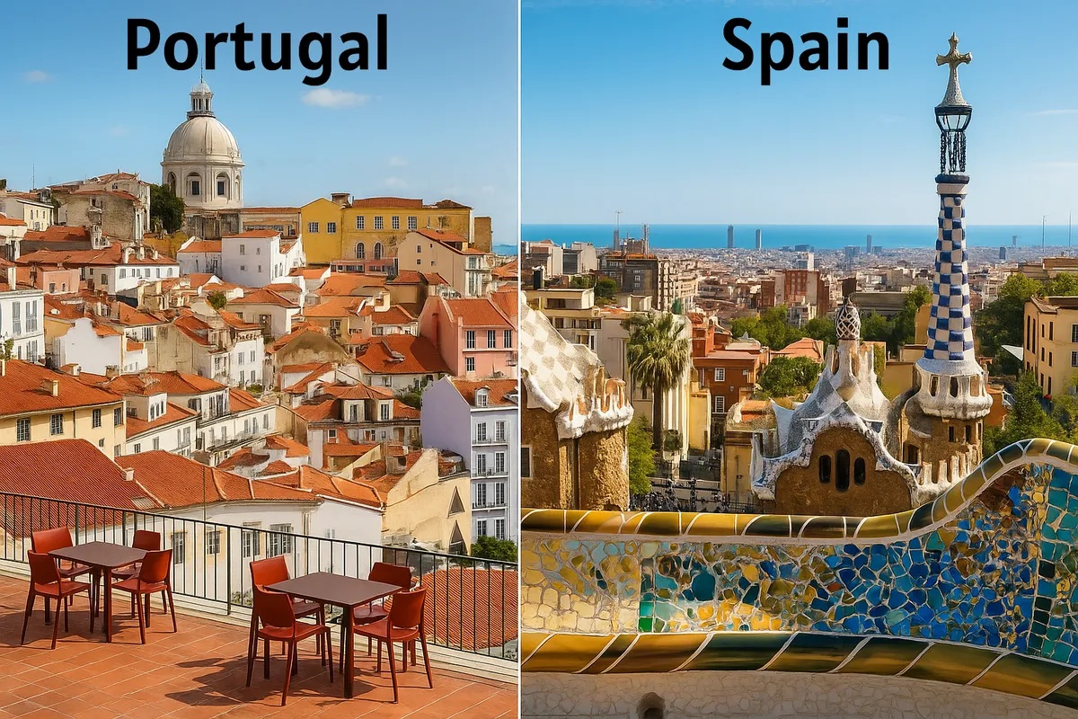 Portugal and Spain expat destinations – collage of Lisbon and Barcelona