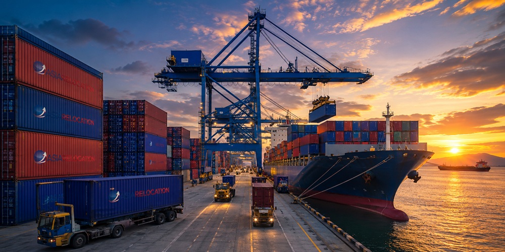 Container loading at Laem Chabang Port for shipment to Canada