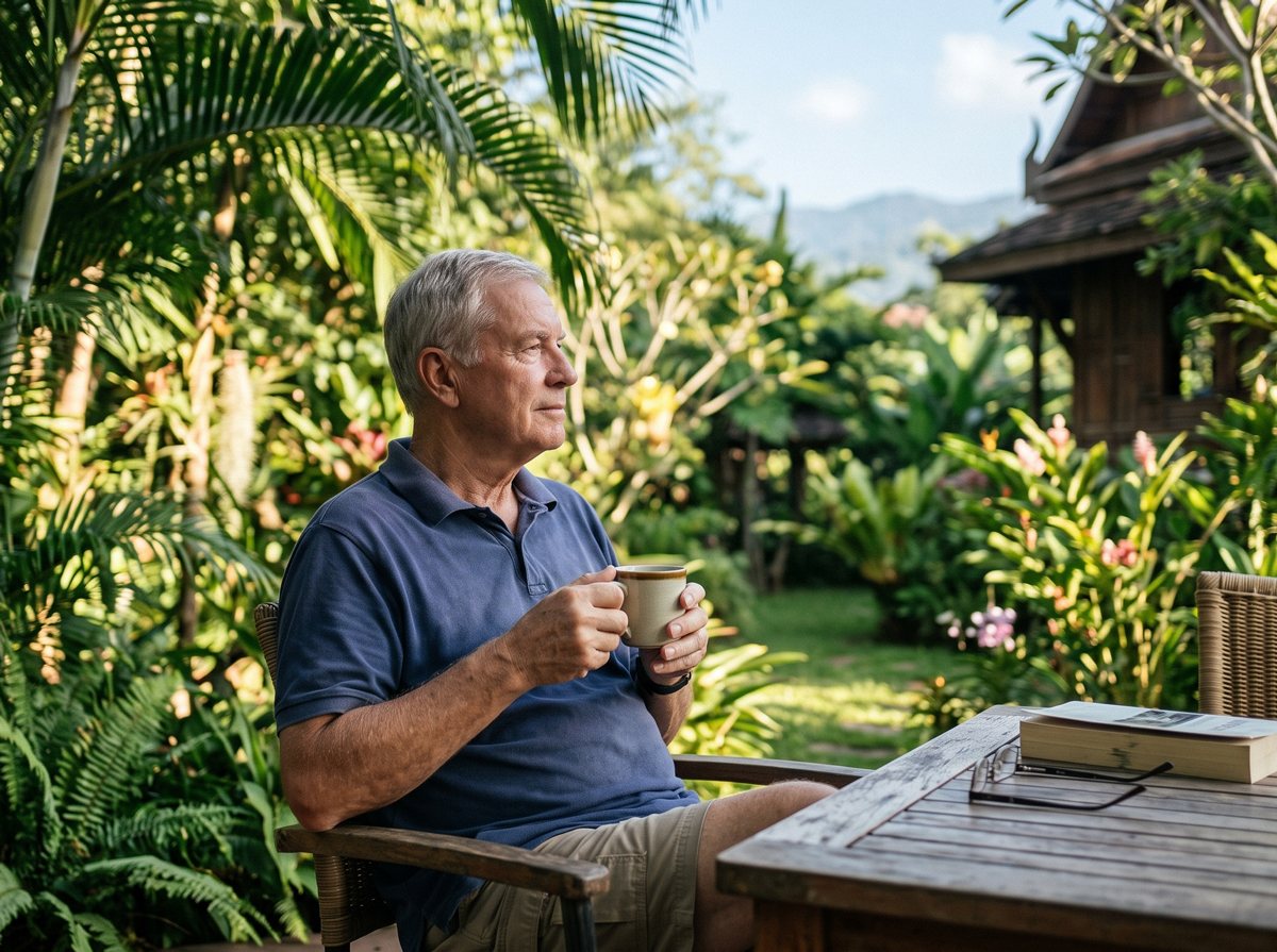 Retired expatriate enjoying a calm morning on a terrace in Thailand