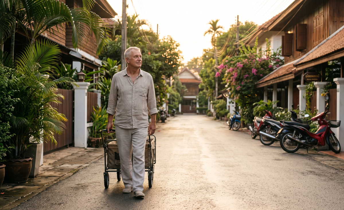 Quiet residential street in Chiang Mai at golden hour