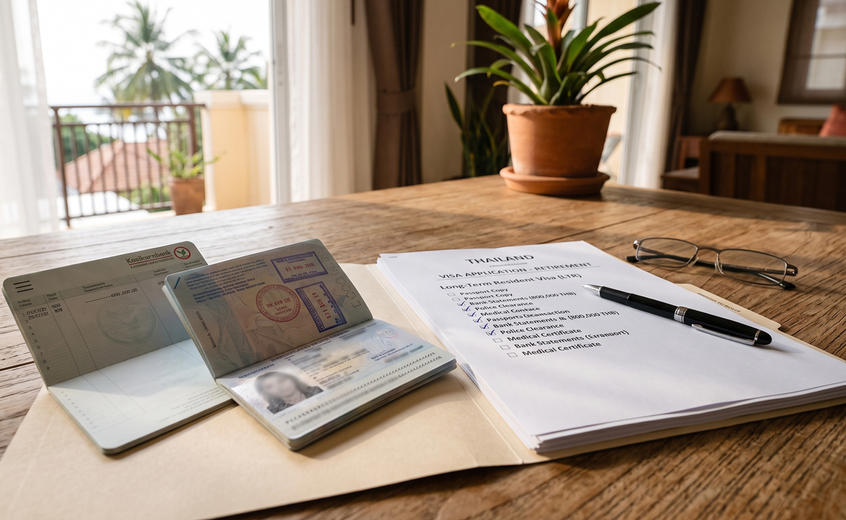 Thai bank passbook, passport and documents prepared for a retirement visa application