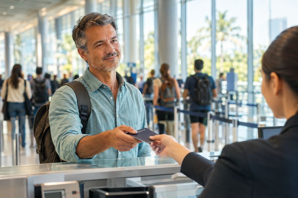 Adapt to a New Culture after a Move 5 Traveller handing his passport across an airport counter on arrival in Thailand