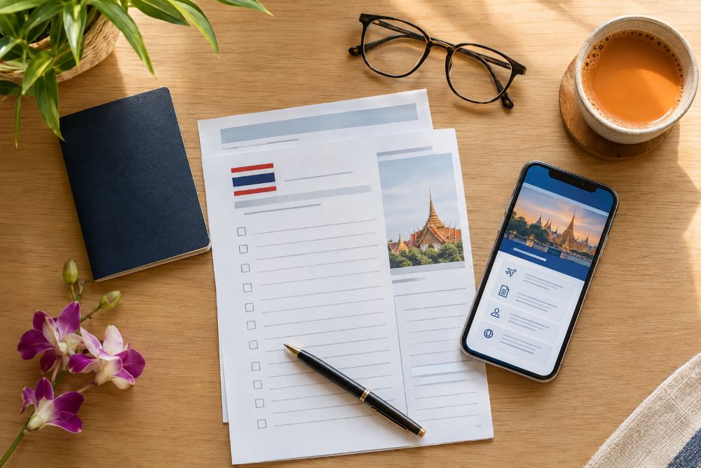 Passport, travel checklist, pen and smartphone laid out on a desk before a trip to Thailand